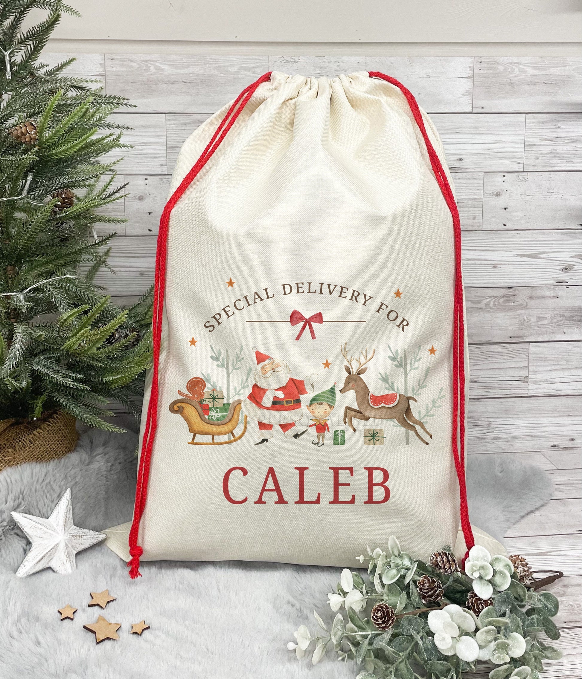 Personalised Santa Sack, Christmas Sack, Christmas Boys and Girls Present Sack, Christmas Toy Sack with Santa, Reindeer and Girl or Boy Elf