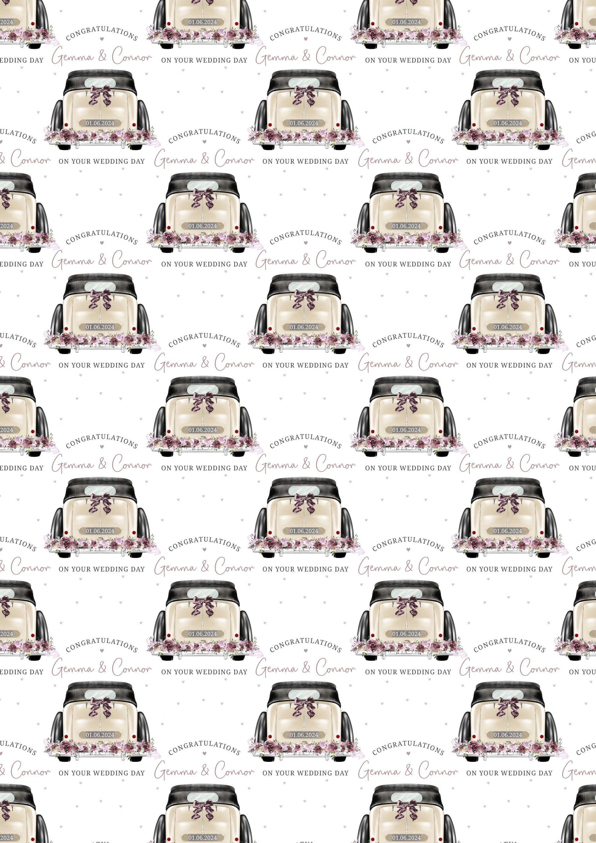 Wedding Gift Wrap Personalised with Names & Date, Congratulations on your Wedding Day Wrapping Paper, Mr and Mrs Gift Wrap, Wedding Car Wrap