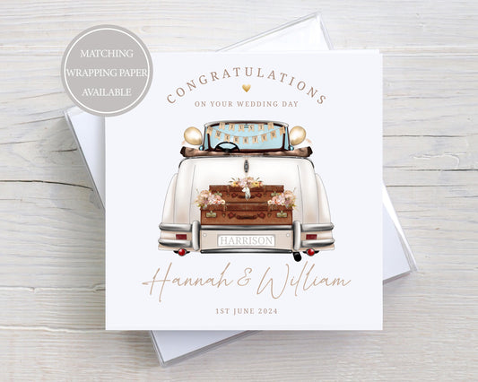 Personalised Wedding Card, Congratulations on your Wedding Day, Mr and Mrs, Mr and Mr, Mrs and Mrs, Just Married Card Wedding Car Design