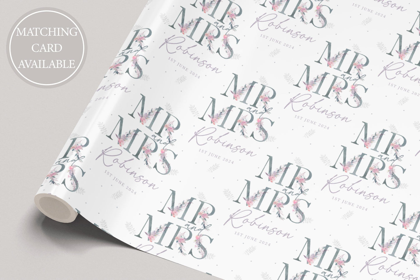 Wedding Gift Wrap Personalised with Name & Date, Congratulations on your Wedding Day Wrapping Paper, Mr and Mrs Gift Wrap, Floral Letters