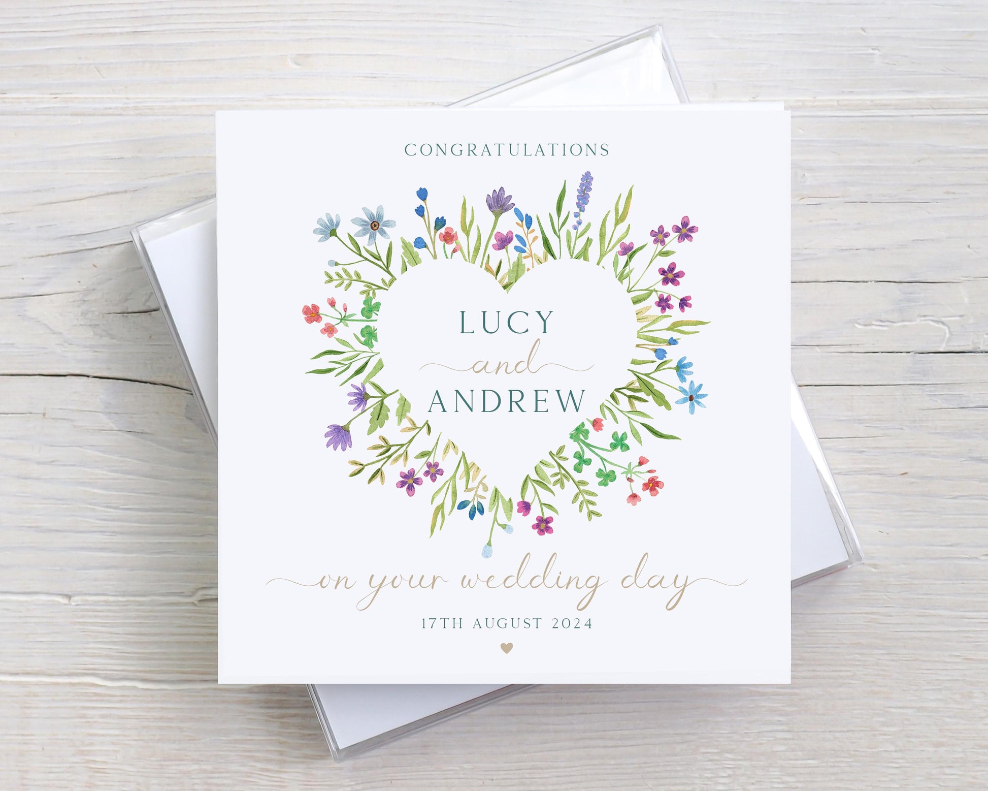 Personalised Wedding Card, Congratulations on your Wedding Day Card, Card for Special Couple, Bride and Groom, Wildflower Heart