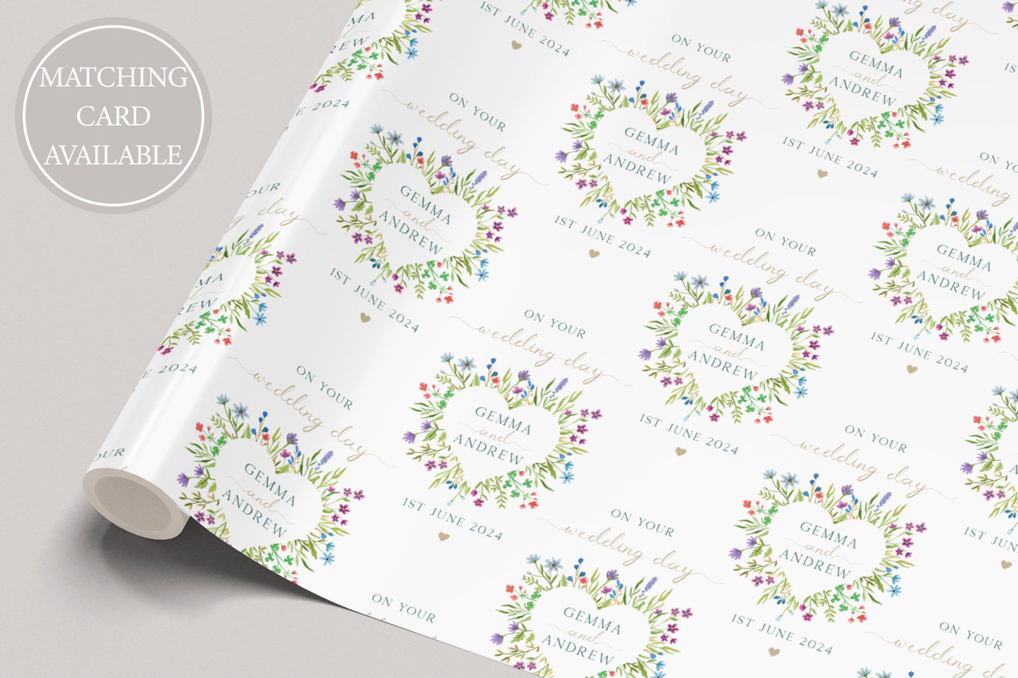 Wedding Gift Wrap Personalised with Names & Date, Congratulations on your Wedding Day Wrapping Paper, Wildflower Heart Gift Wrap