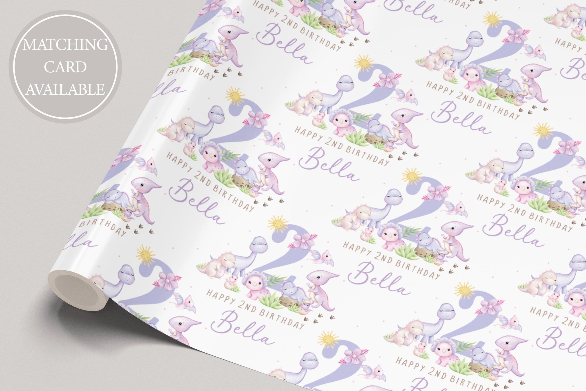 Girl's Dinosaurs Birthday Gift Wrapping Paper, Personalised 2nd, 3rd, 4th Any Age Birthday Gift Wrap Card for Daughter, Granddaughter, Girls