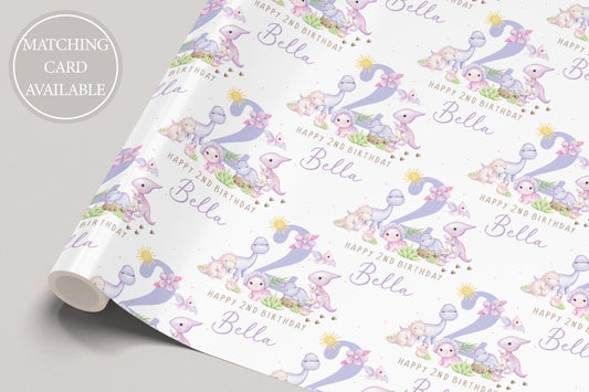 Girl's Dinosaurs Birthday Gift Wrapping Paper, Personalised 2nd, 3rd, 4th Any Age Birthday Gift Wrap Card for Daughter, Granddaughter, Girls