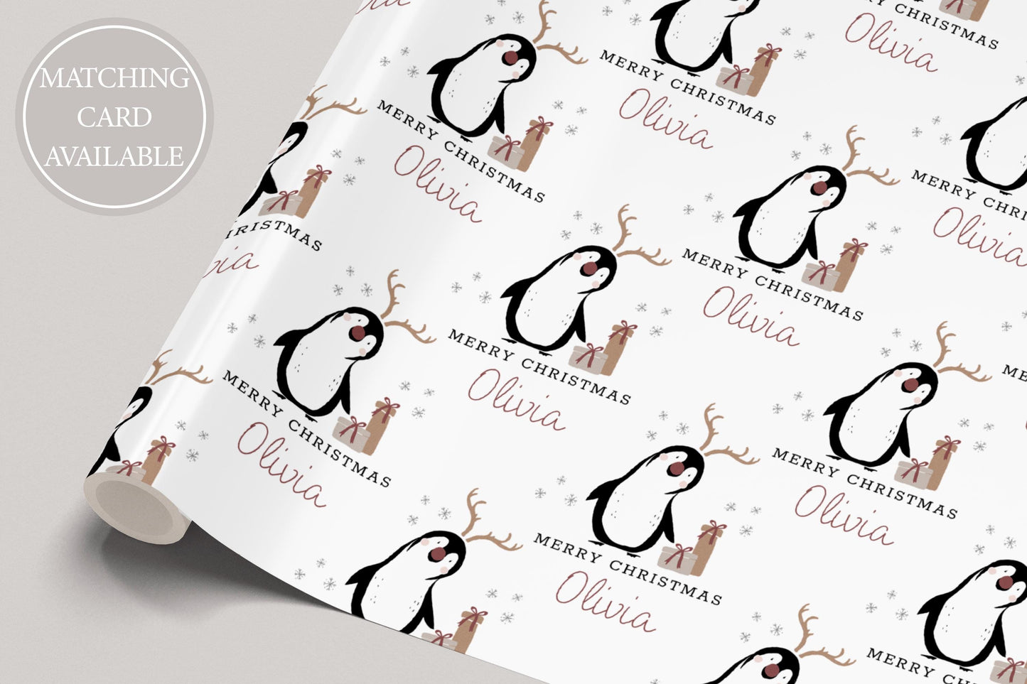 Christmas Penguin Gift Wrapping Paper, Personalised Kids Christmas Wrapping Paper, Penguin Christmas Gift Wrap for Her for Him