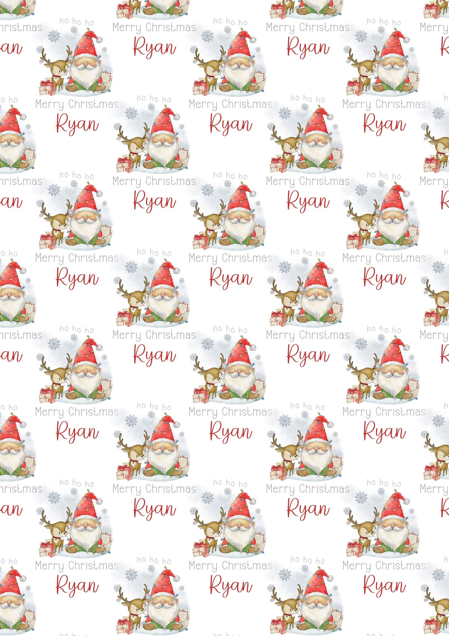 Christmas Gift Wrapping Paper, Personalised Kids Christmas Wrapping Paper, Santa Gnome and Reindeer Christmas Gift Wrap for Her for Him