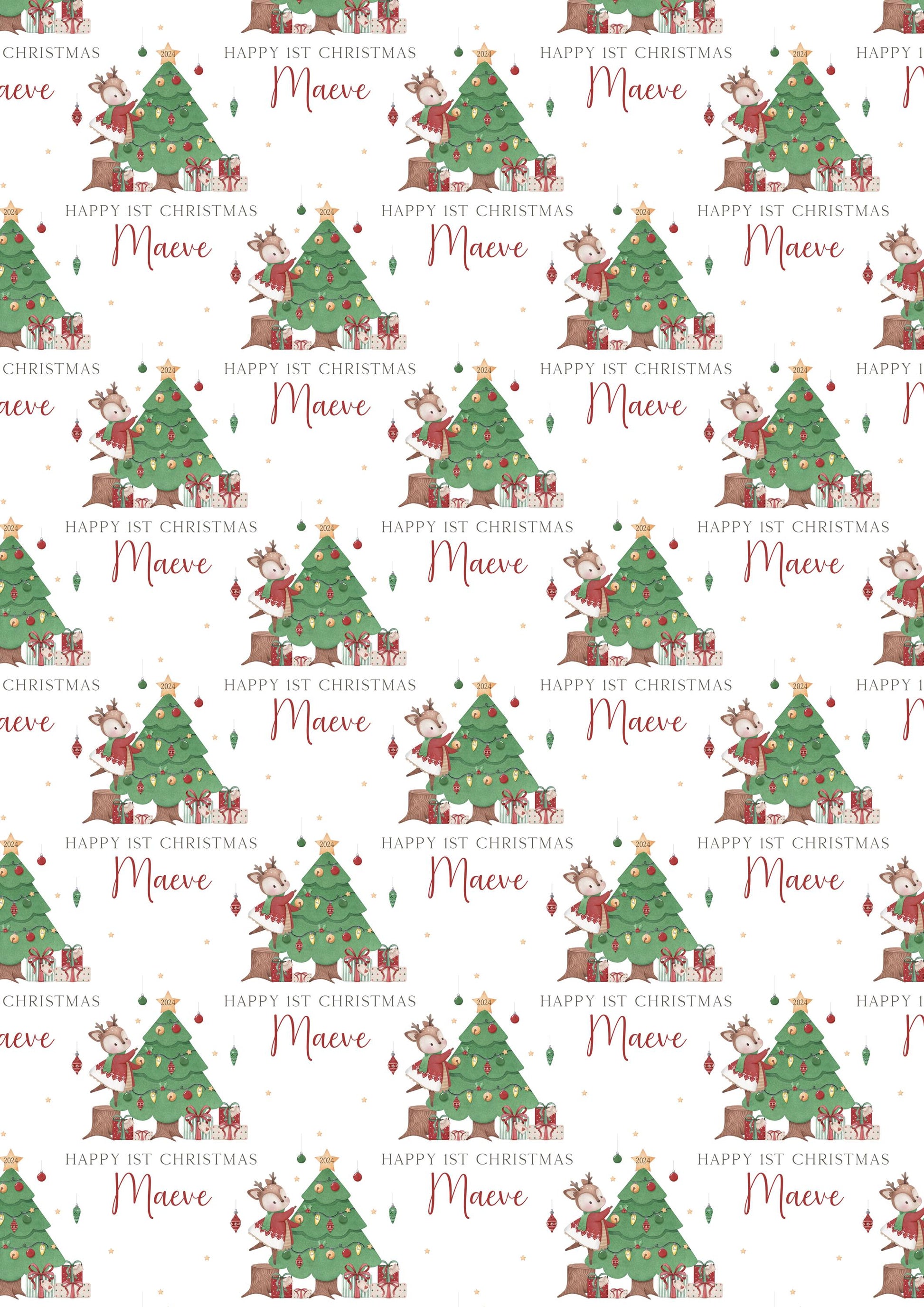 Girl's First Christmas Wrapping Paper, Personalised Girl's 1st Christmas Wrapping Paper, 1st Christmas Gift Wrap, Cute Reindeer Design