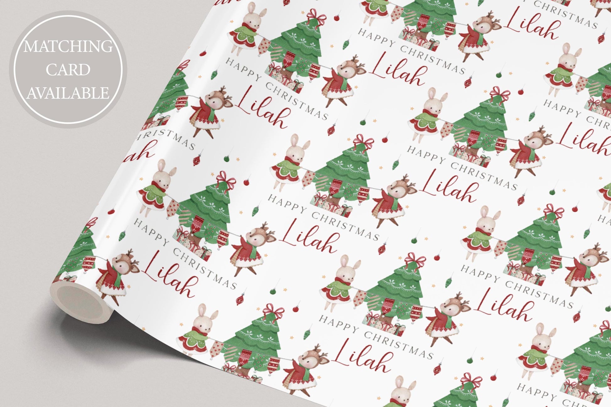 Girl's Christmas Gift Wrapping Paper, Personalised Girl's Christmas Wrapping Paper, Cute Reindeer and Bunny Christmas Gift Wrap for Her