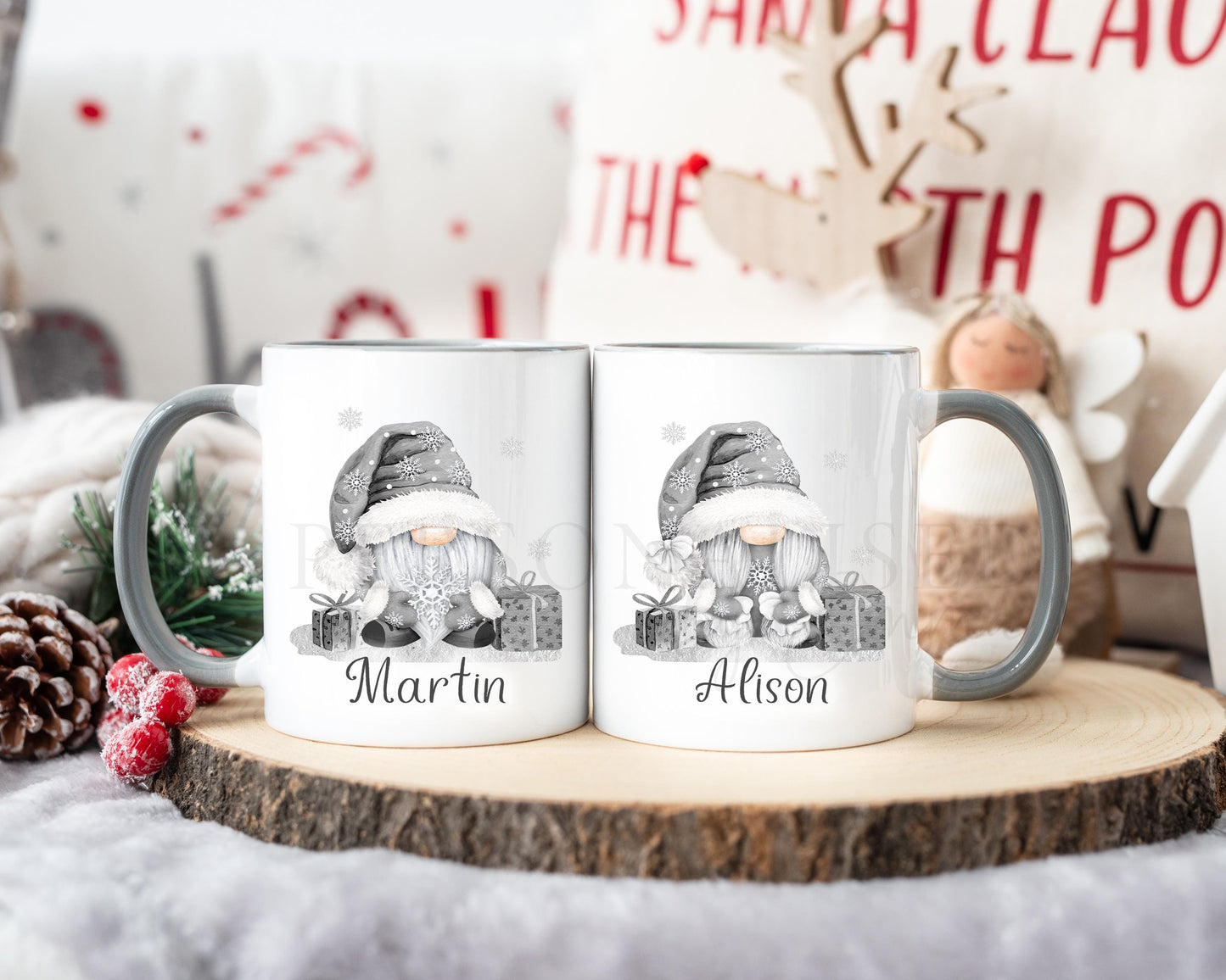 Personalised Christmas Gonk Mug , Grey Girl and Boy Gonk Mug, Christmas Movie Mug, Hot Chocolate Mug, Grey Christmas Gonk Mug for Him & Her