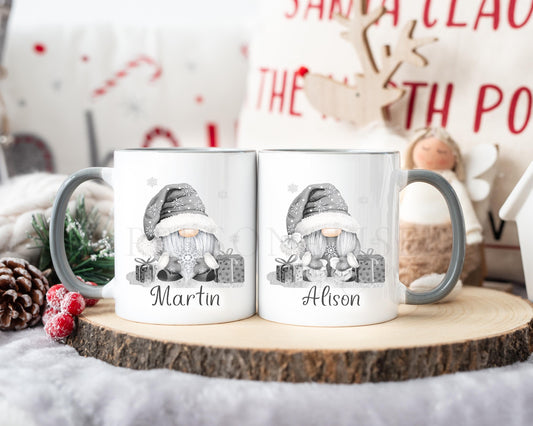 Personalised Christmas Gonk Mug , Grey Girl and Boy Gonk Mug, Christmas Movie Mug, Hot Chocolate Mug, Grey Christmas Gonk Mug for Him & Her