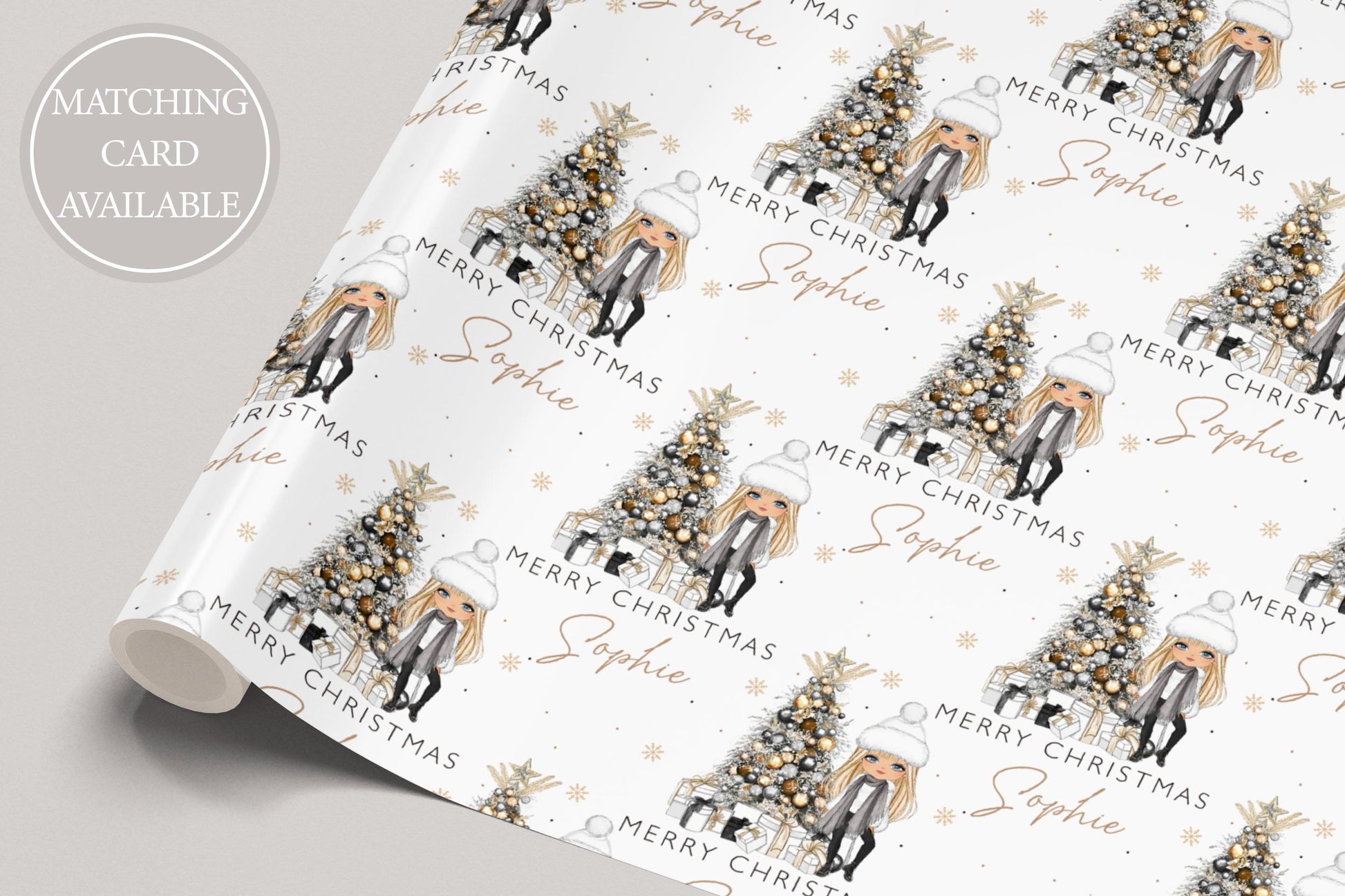 Christmas Gift Wrapping Paper for Her, Personalised Girl's Christmas Wrapping Paper, Custom Girl Character Xmas Gift Wrap for Her