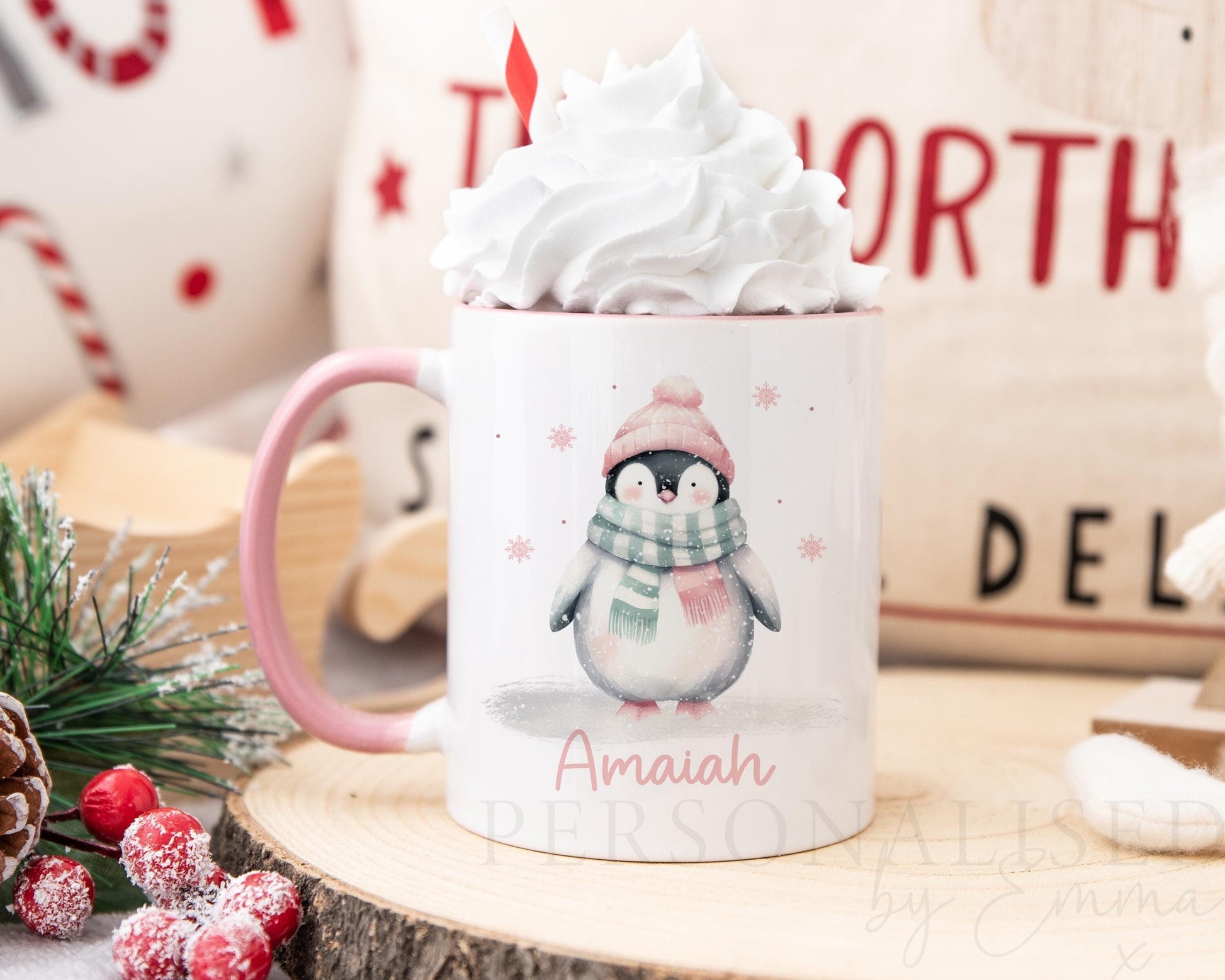 Personalised Pink Penguin Christmas Mug, Christmas Movie Mug, Hot Chocolate Mug, Xmas Eve Box Filler, Secret Santa for Her, Xmas Gift Her