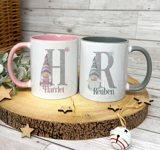 Personalised Christmas Gonk Alphabet Mug | Grey and Pink Gonk Mug | Xmas Movie Mug | Hot Chocolate Mug | Couple Christmas Gonk Mugs