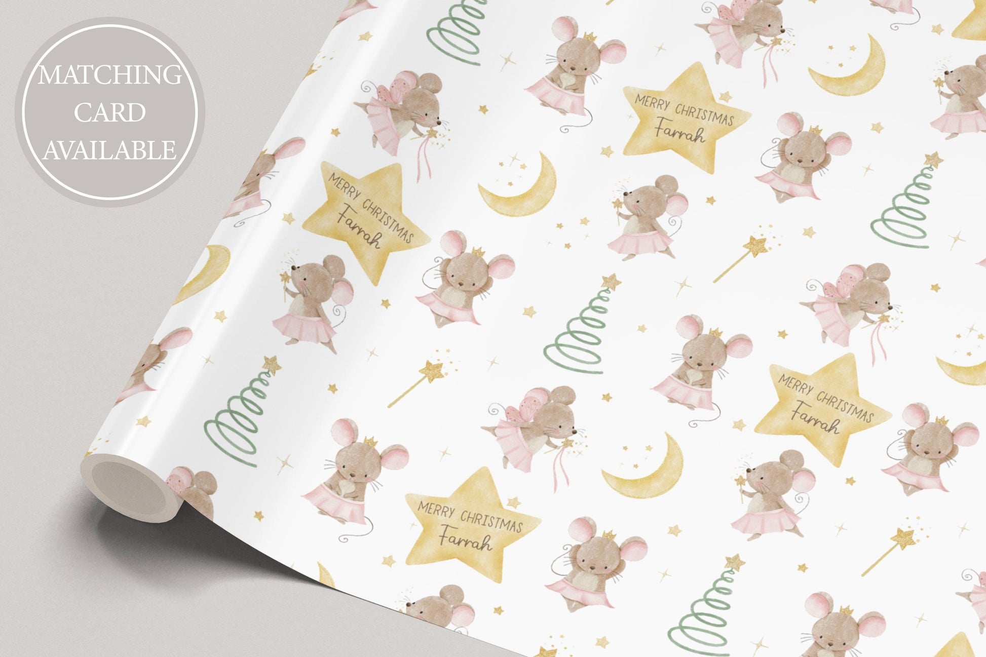 Girl's Christmas Gift Wrapping Paper, Personalised Girl's Christmas Wrapping Paper, Pink Fairy Ballerina Mice Christmas Gift Wrap for Her