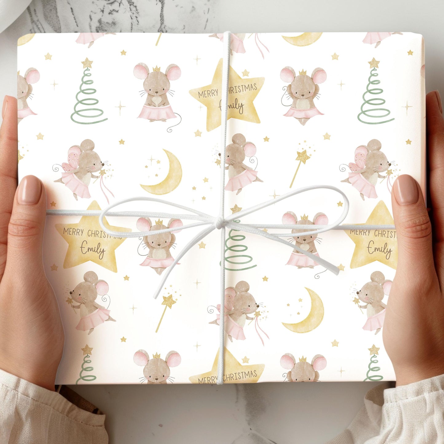 Girl's Christmas Gift Wrapping Paper, Personalised Girl's Christmas Wrapping Paper, Pink Fairy Ballerina Mice Christmas Gift Wrap for Her