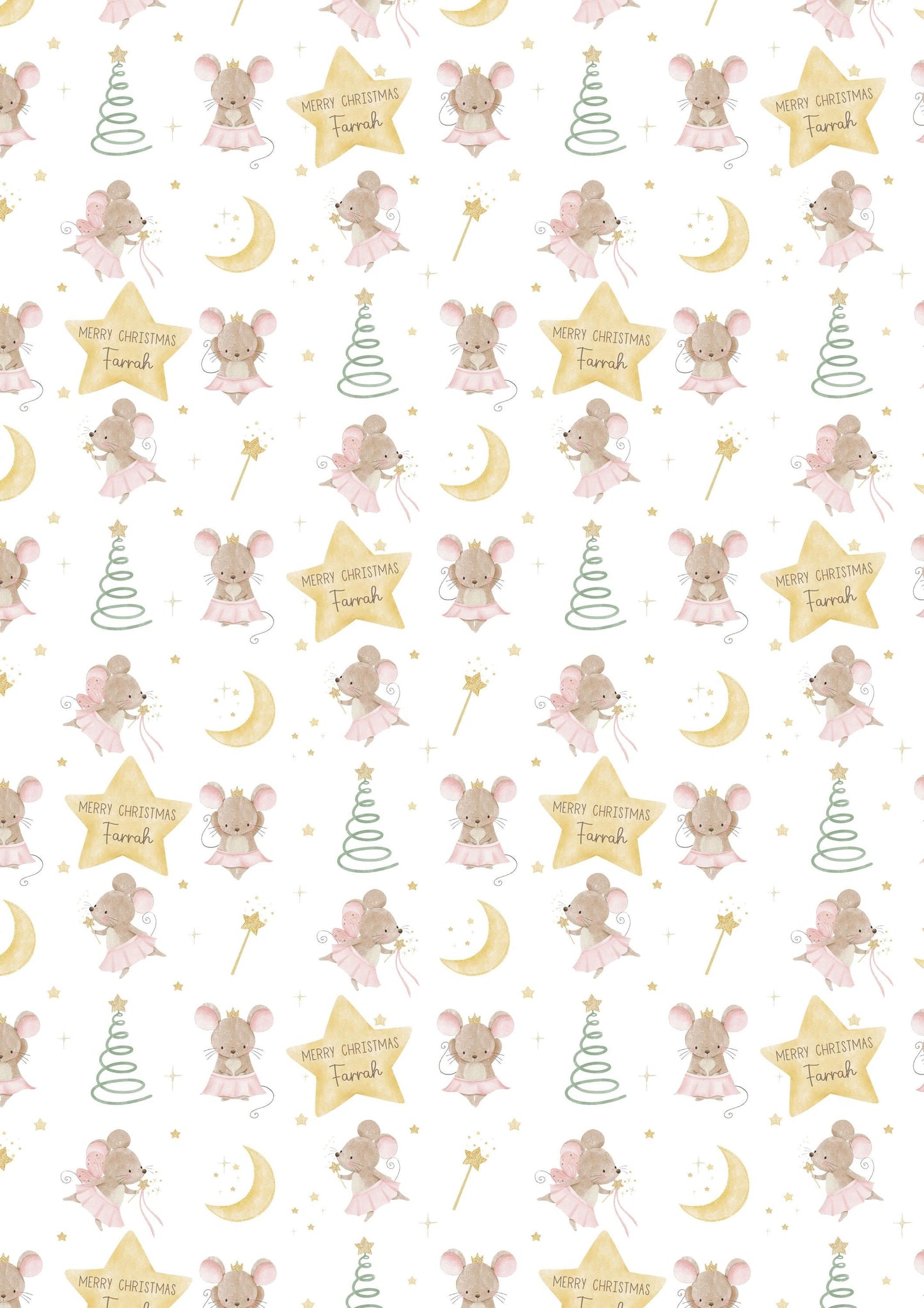 Girl's Christmas Gift Wrapping Paper, Personalised Girl's Christmas Wrapping Paper, Pink Fairy Ballerina Mice Christmas Gift Wrap for Her