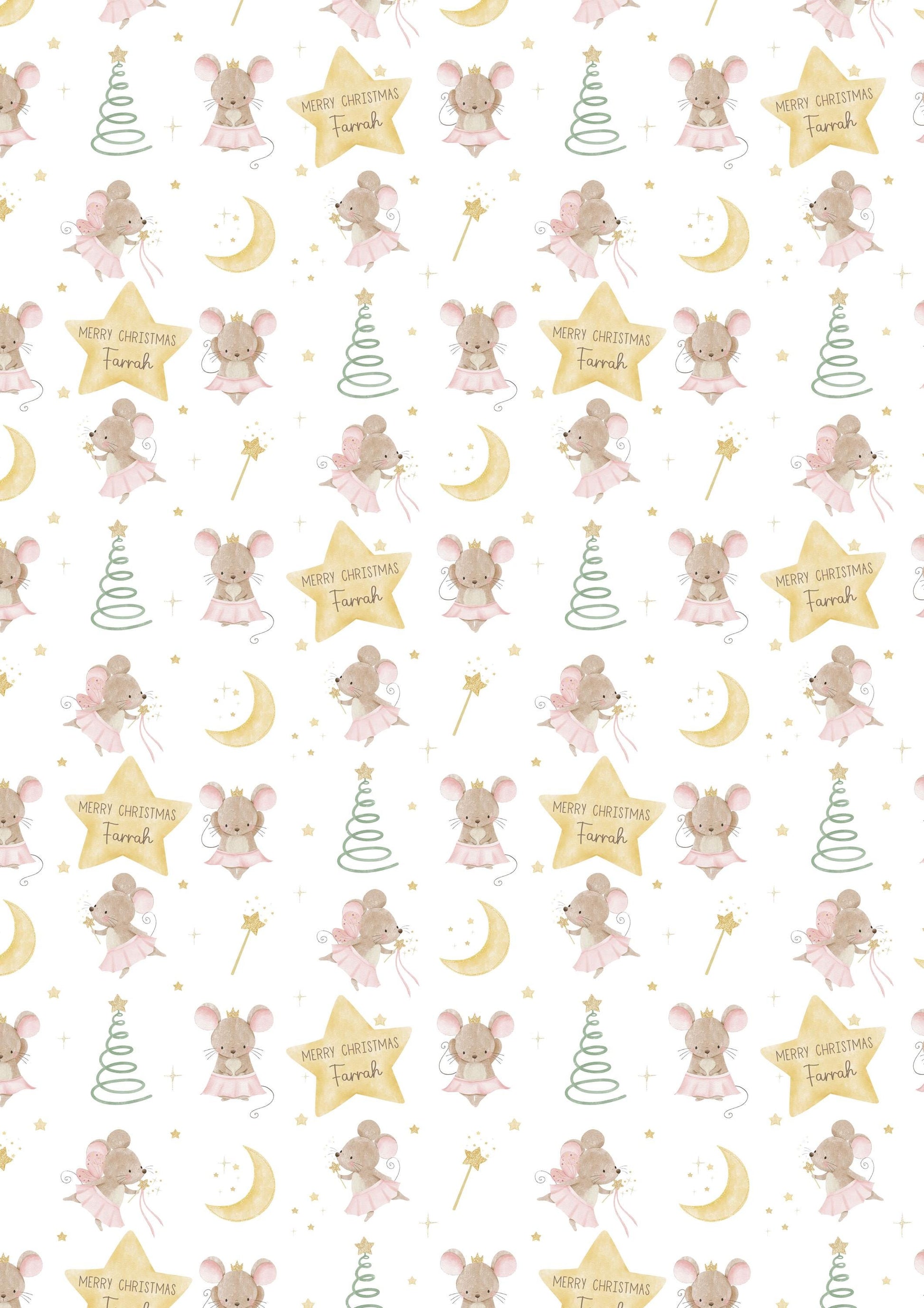 Girl's Christmas Gift Wrapping Paper, Personalised Girl's Christmas Wrapping Paper, Pink Fairy Ballerina Mice Christmas Gift Wrap for Her