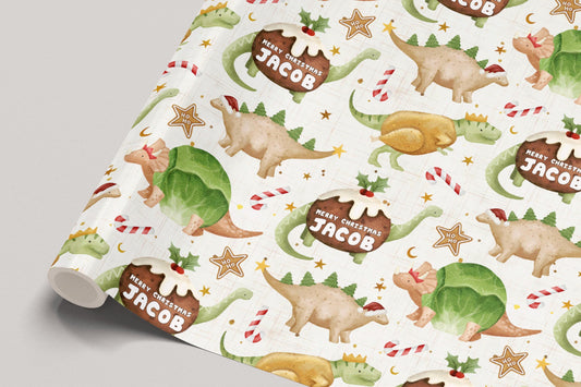 Christmas Gift Wrapping Paper, Personalised Dinosaur Christmas Wrapping Paper, Christmas Dinner Dinosaurs Design Gift Wrapping Paper