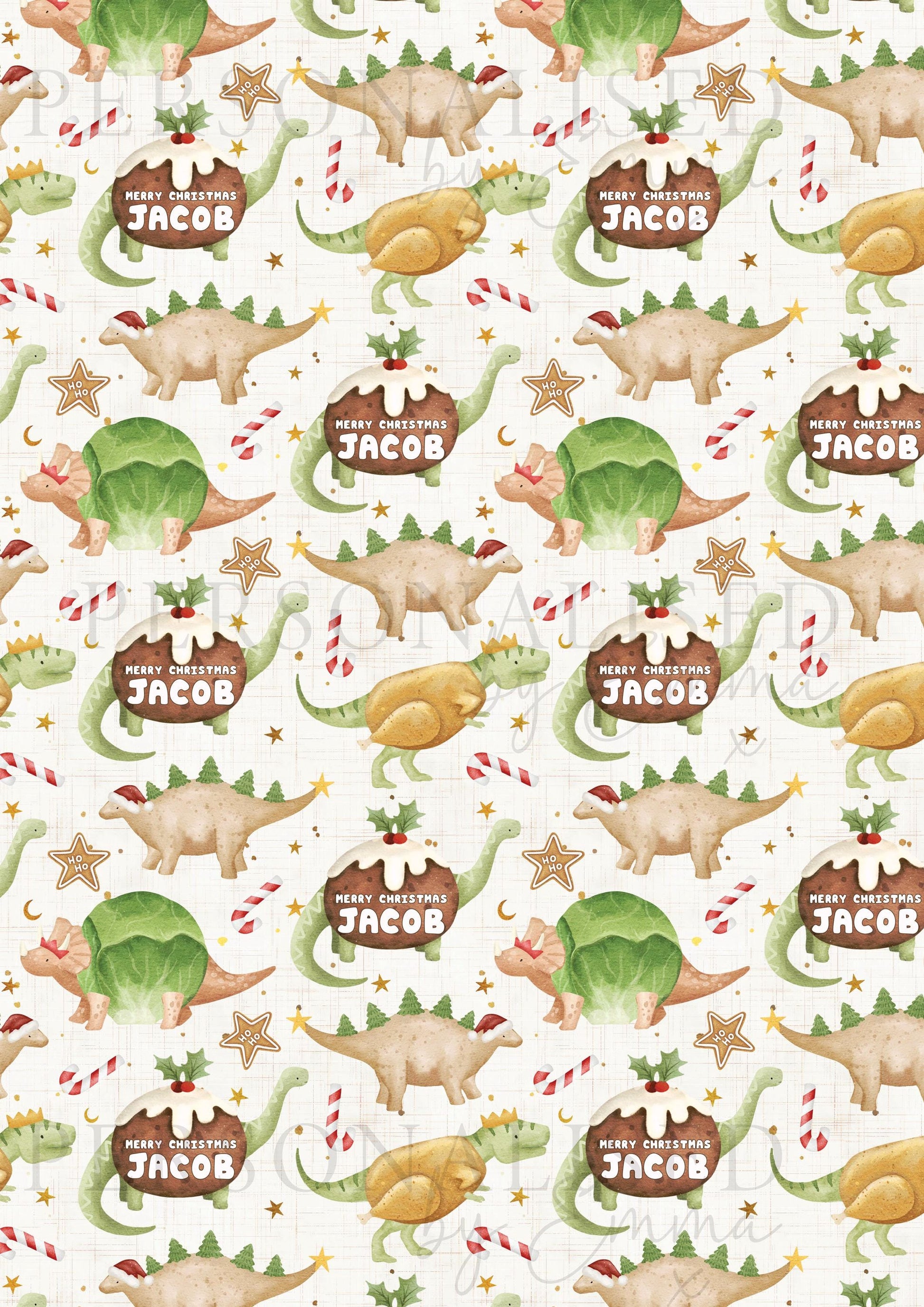 Christmas Gift Wrapping Paper, Personalised Dinosaur Christmas Wrapping Paper, Christmas Dinner Dinosaurs Design Gift Wrapping Paper