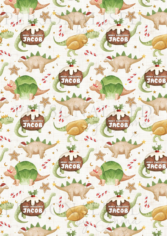 Christmas Gift Wrapping Paper, Personalised Dinosaur Christmas Wrapping Paper, Christmas Dinner Dinosaurs Design Gift Wrapping Paper