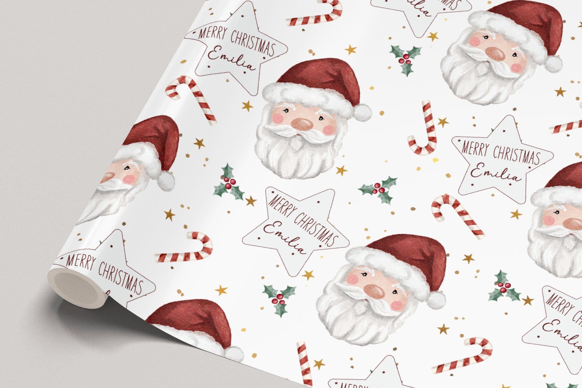 Kids Christmas Gift Wrapping Paper, Personalised Santa Christmas Wrapping Paper, Santa Claus Xmas Gift Wrap for Little Boy, Little Girl