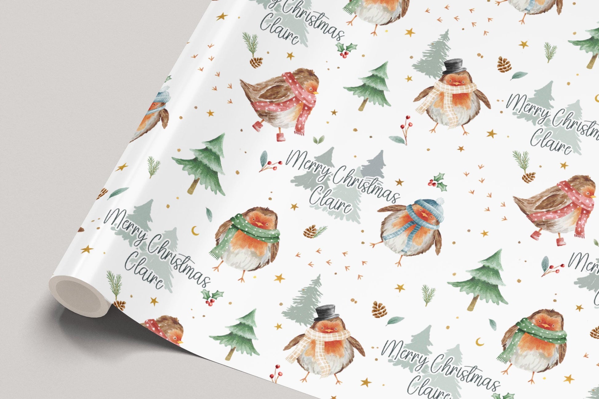 Personalised Christmas Gift Wrapping Paper, Christmas Robins Xmas Wrapping Paper for Her, for Him, Winter Robins Gift Wrap