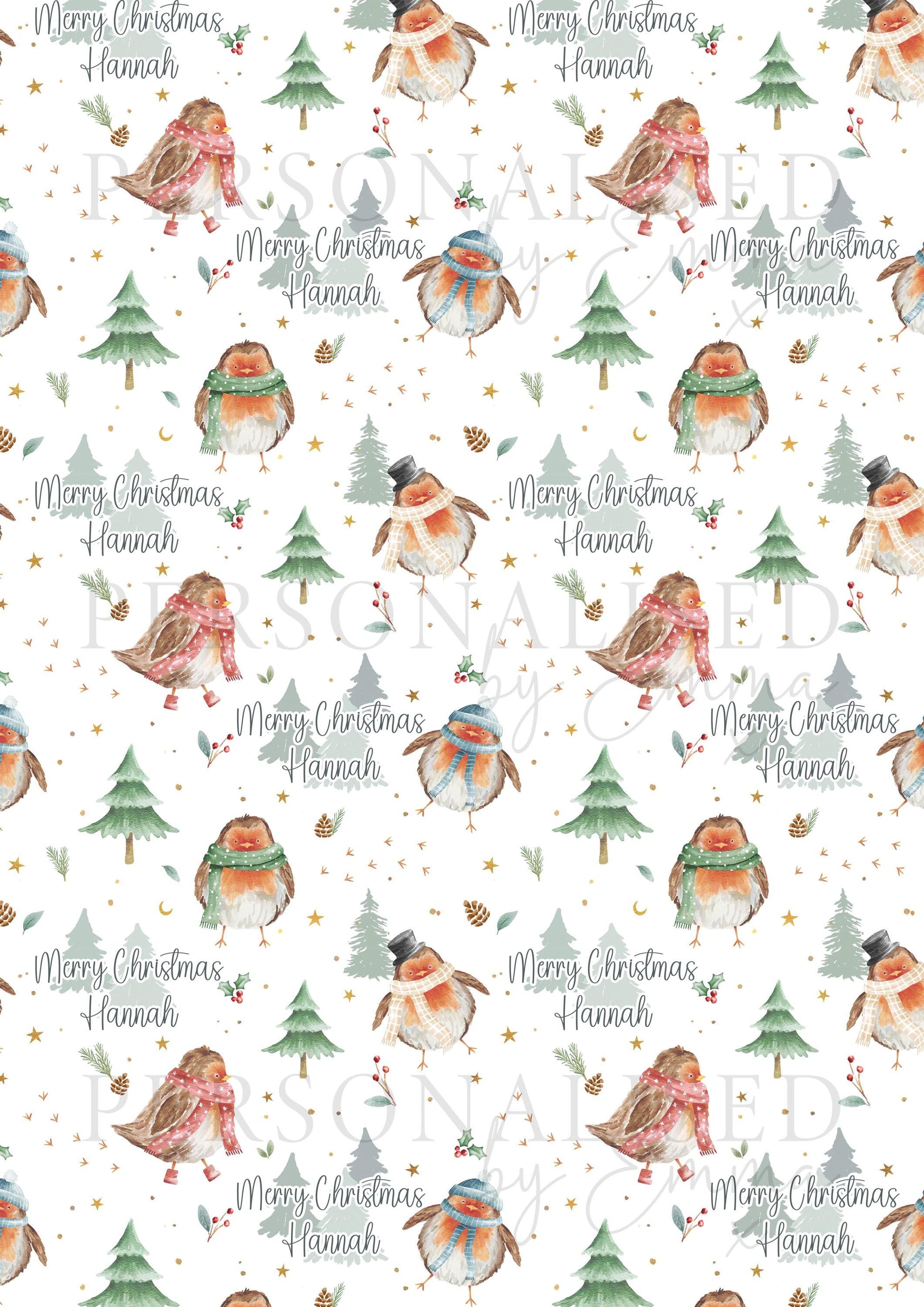 Personalised Christmas Gift Wrapping Paper, Christmas Robins Xmas Wrapping Paper for Her, for Him, Winter Robins Gift Wrap