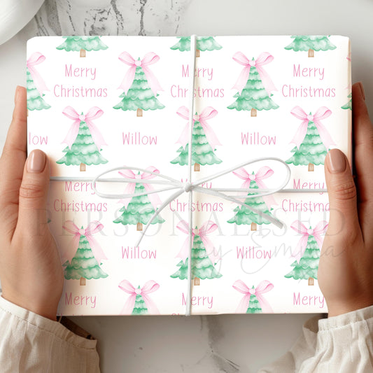 Christmas Gift Wrapping Paper for Her, Personalised Xmas Wrapping Paper for Mum, Daughter, Granddaughter, Sister, Friend, Xmas Tree Pink Bow