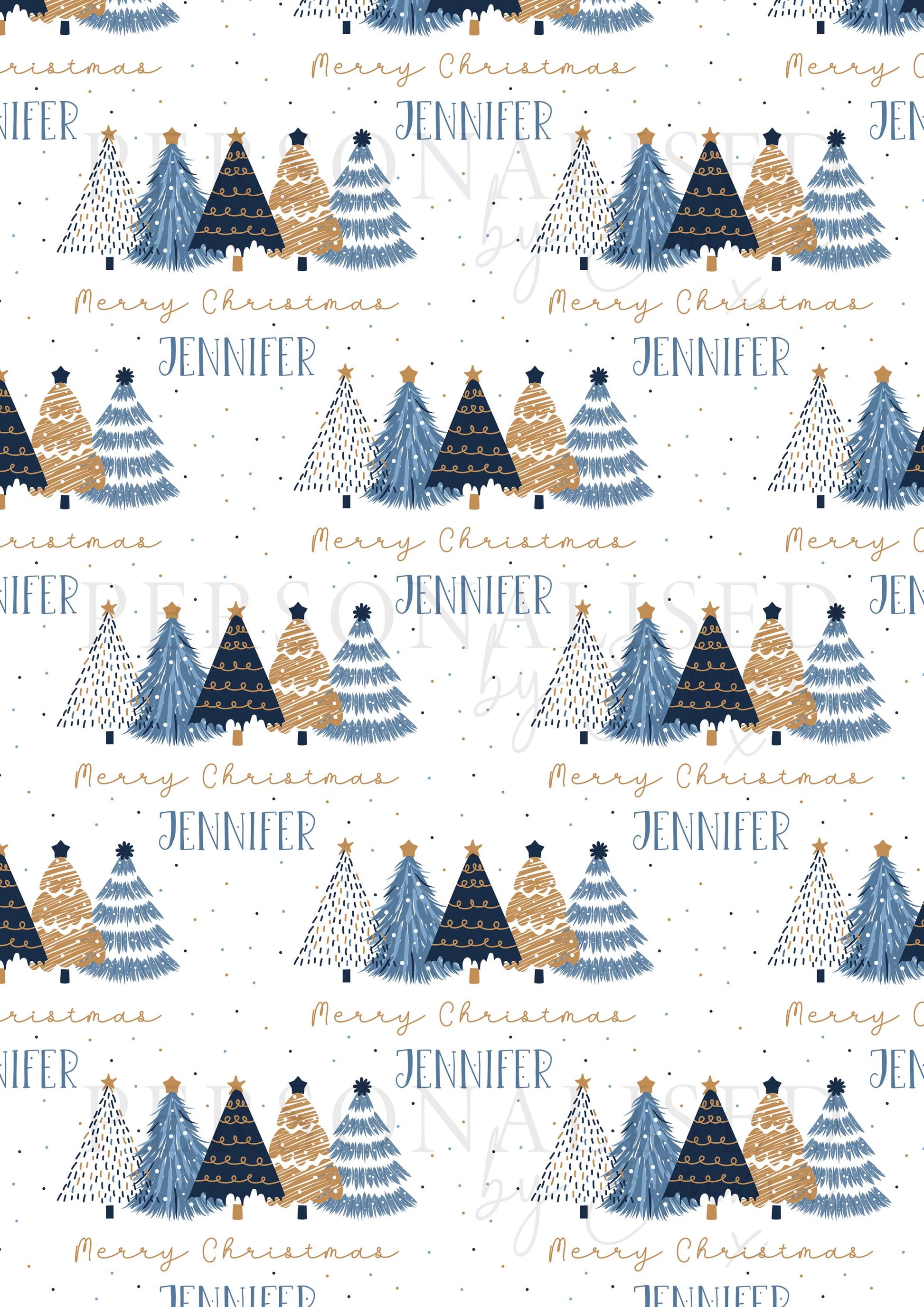 Christmas Gift Wrapping Paper for Her, Personalised Xmas Wrapping Paper Roll, Blue and Gold Christmas Trees, Gift Wrap for Her