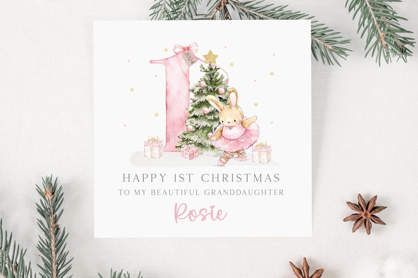 Baby Girl's First Pink Christmas Card, Personalised Girls 1st Christmas Card for Daughter, Granddaughter, Niece, Goddaughter, Pink 1st Xmas