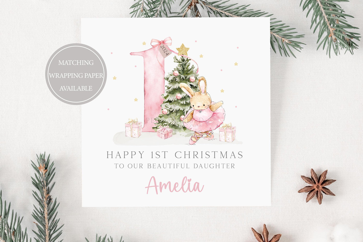 Baby Girl's First Pink Christmas Card, Personalised Girls 1st Christmas Card for Daughter, Granddaughter, Niece, Goddaughter, Pink 1st Xmas