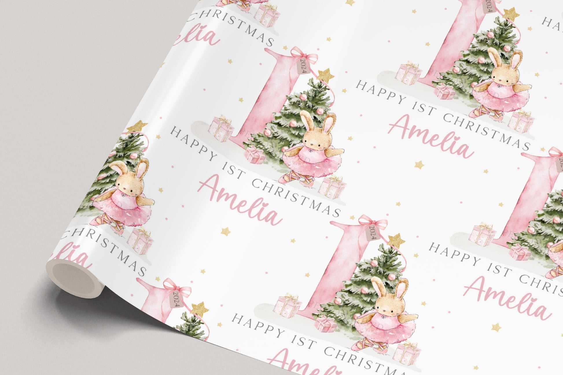 Baby Girl's First Pink Christmas Card, Personalised Girls 1st Christmas Card for Daughter, Granddaughter, Niece, Goddaughter, Pink 1st Xmas