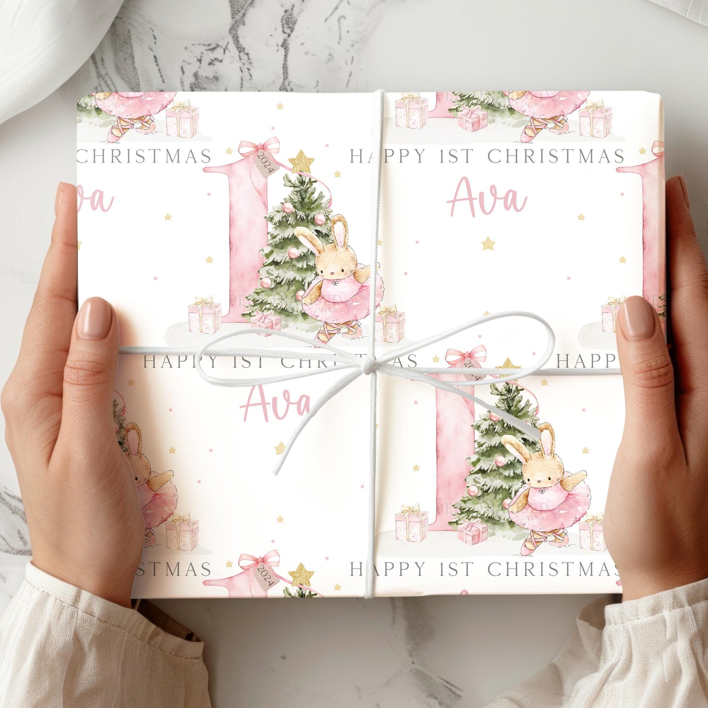 Baby Girl's First Pink Christmas Card, Personalised Girls 1st Christmas Card for Daughter, Granddaughter, Niece, Goddaughter, Pink 1st Xmas