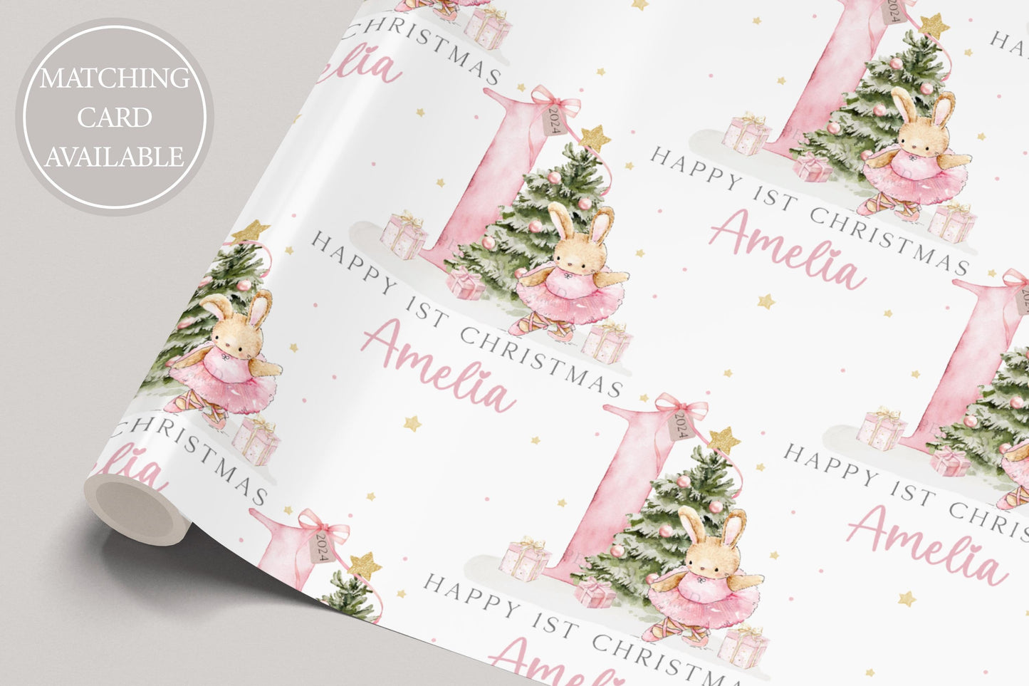 Girl's First Christmas Pink Gift Wrapping Paper, Personalised Girl's 1st Xmas Wrapping Paper, 1st Christmas Gift Wrap, Pink First Christmas