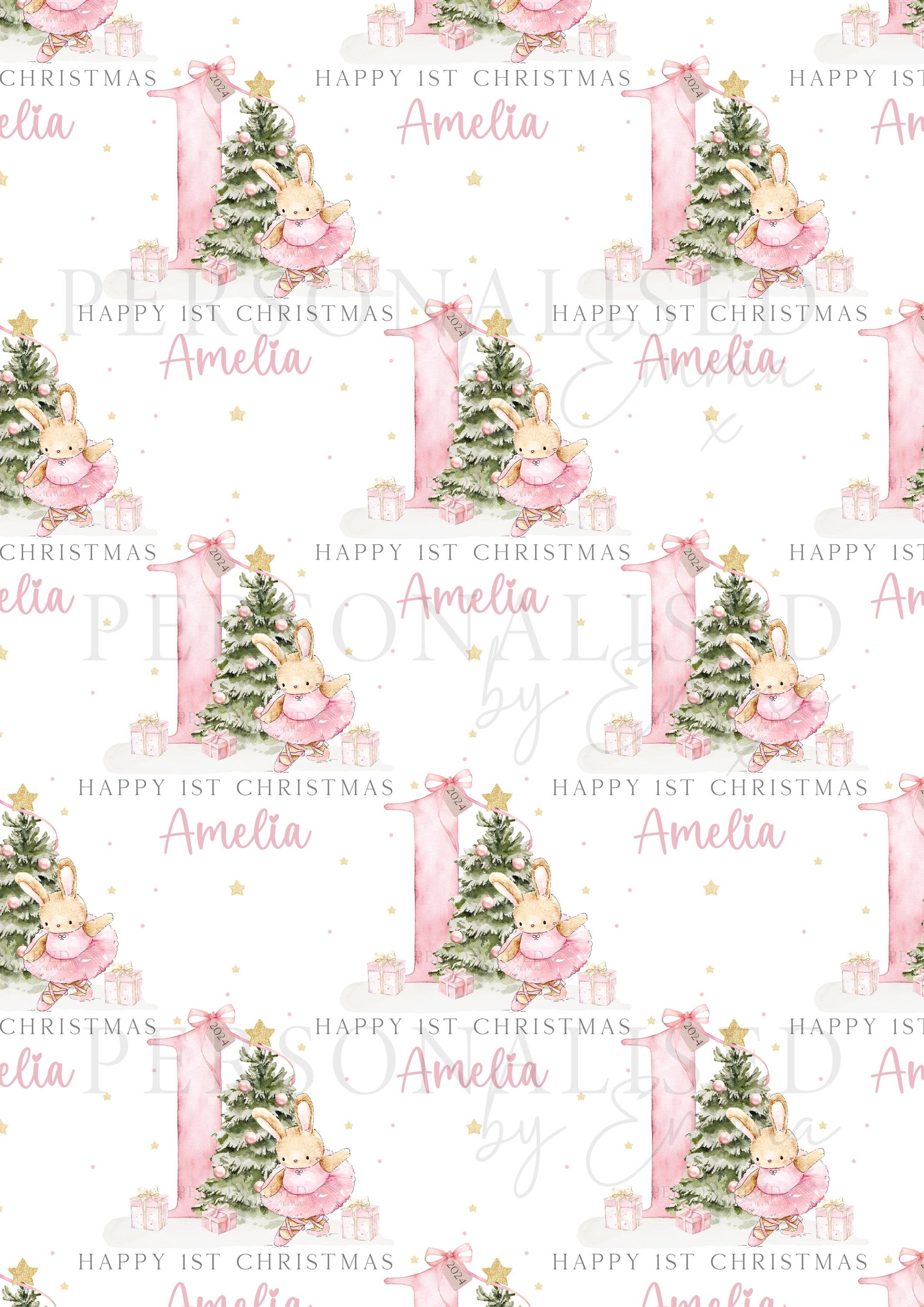 Girl's First Christmas Pink Gift Wrapping Paper, Personalised Girl's 1st Xmas Wrapping Paper, 1st Christmas Gift Wrap, Pink First Christmas