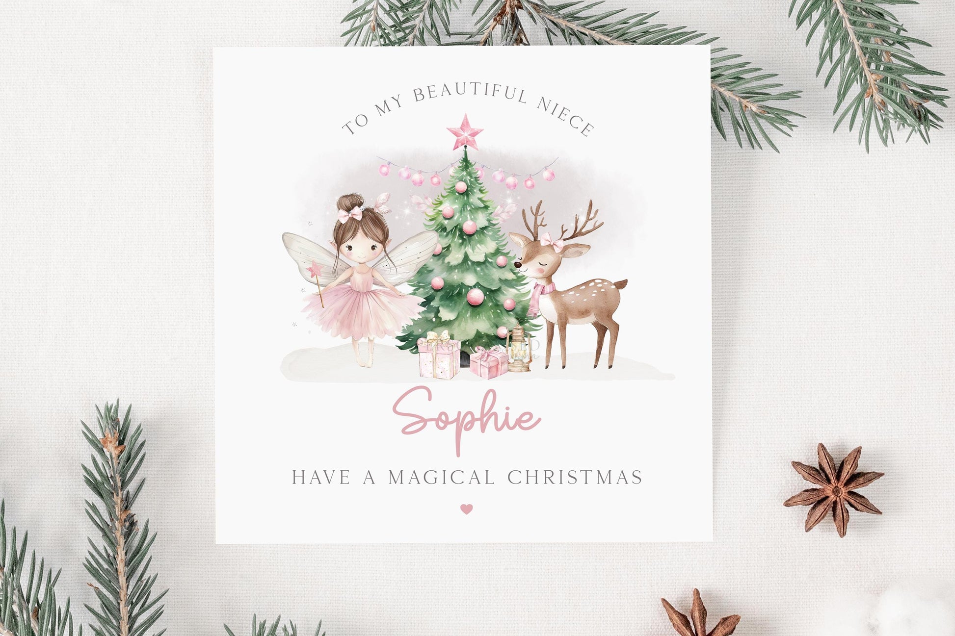 Girl's Fairy Christmas Card, Personalised Pink Christmas Card for Daughter, Granddaughter, Sister, Niece, Goddaughter, Special Little Girl