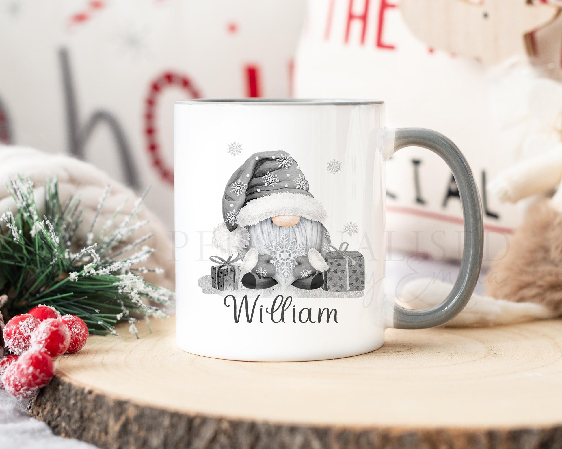 Personalised Christmas Gonk Mug , Grey Girl and Boy Gonk Mug, Christmas Movie Mug, Hot Chocolate Mug, Grey Christmas Gonk Mug for Him & Her