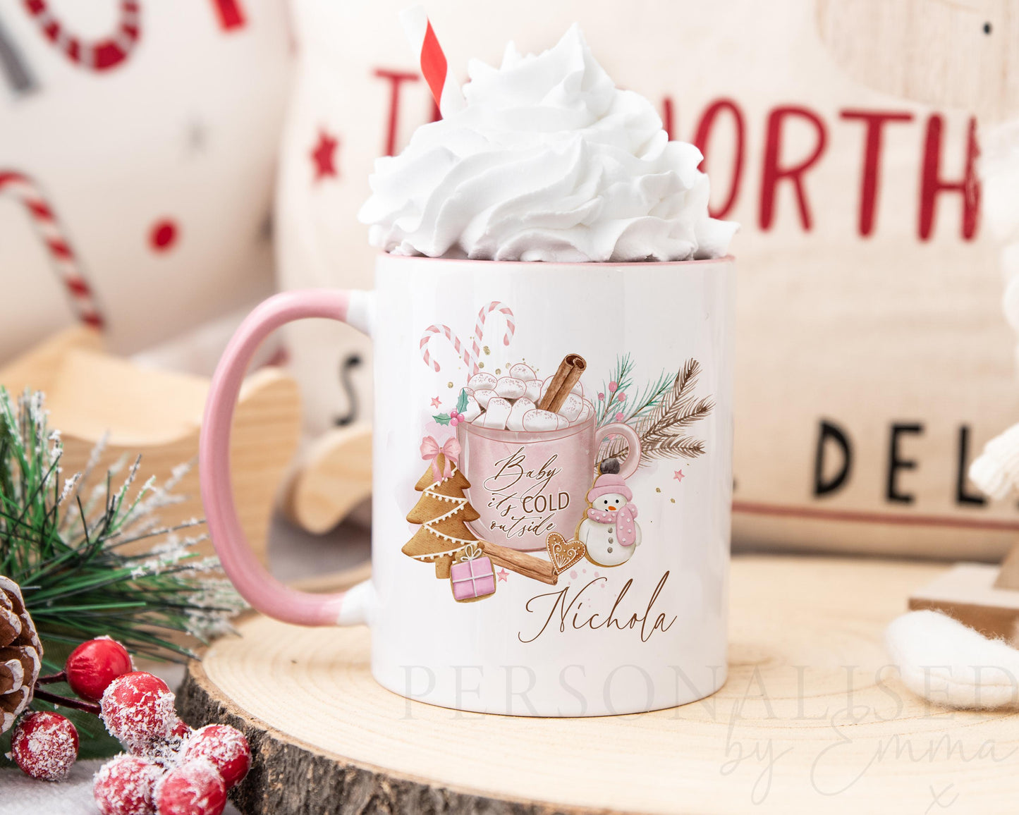 Personalised Pink Christmas Mug, Christmas Movie Mug, Hot Chocolate Mug, Christmas Eve Box Filler, Secret Santa for Her, Xmas Gift for Her