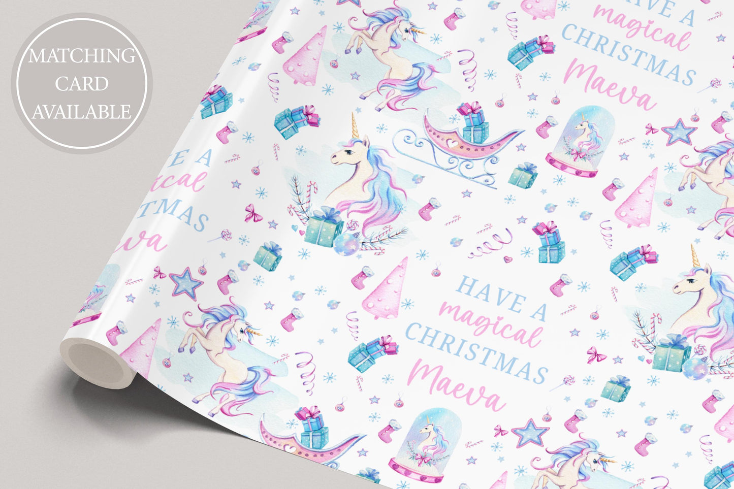 Girl's Christmas Gift Wrapping Paper, Personalised Girl's Christmas Wrapping Paper, Unicorn Christmas Gift Wrap for Her, Magical Christmas