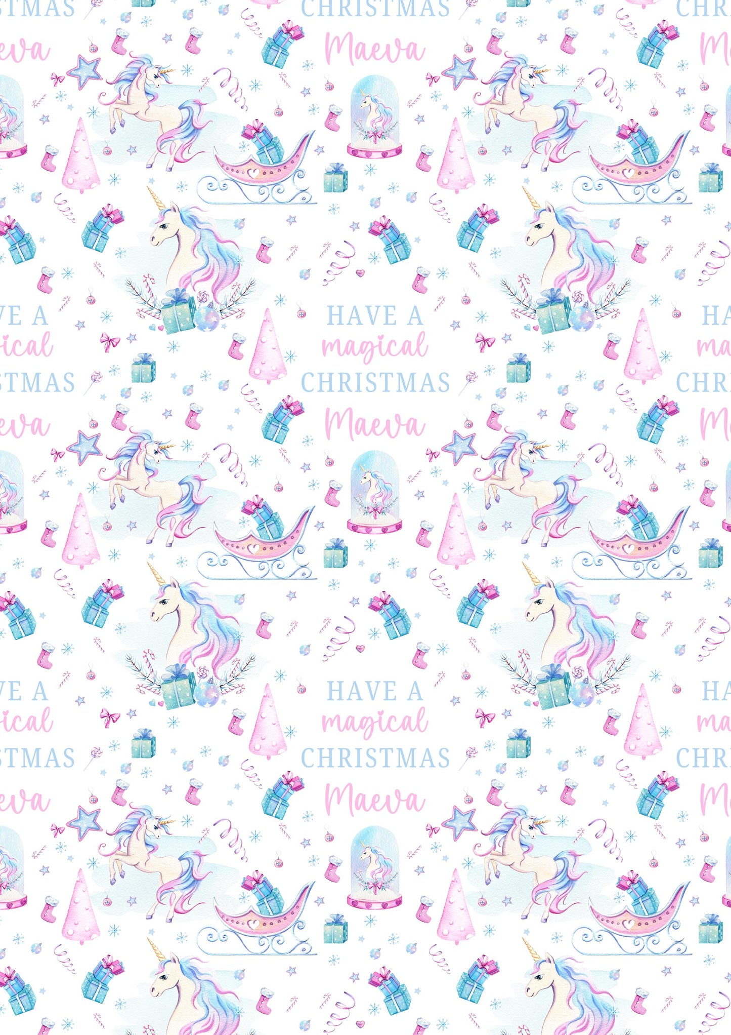 Girl's Christmas Gift Wrapping Paper, Personalised Girl's Christmas Wrapping Paper, Unicorn Christmas Gift Wrap for Her, Magical Christmas