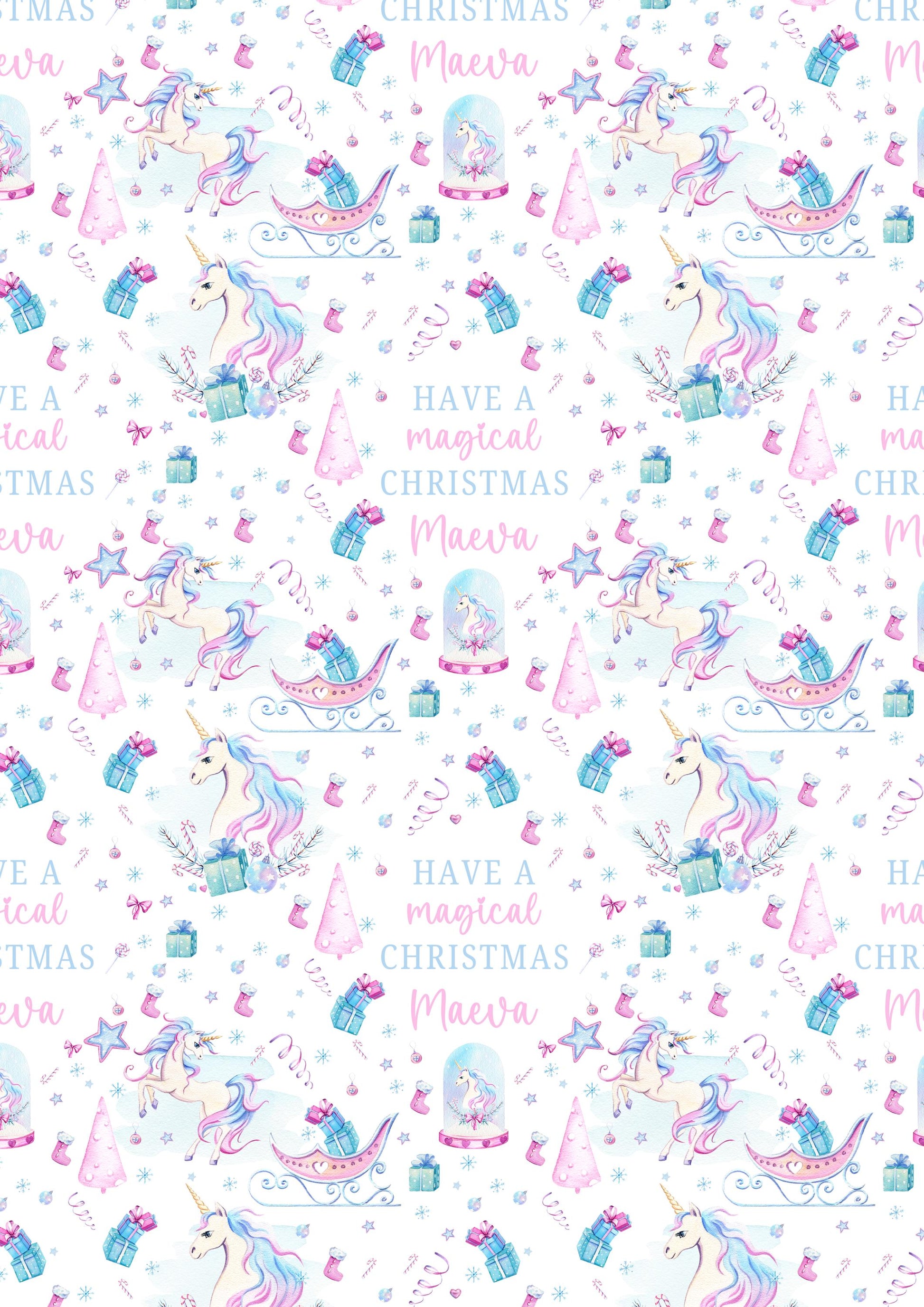 Girl's Christmas Gift Wrapping Paper, Personalised Girl's Christmas Wrapping Paper, Unicorn Christmas Gift Wrap for Her, Magical Christmas