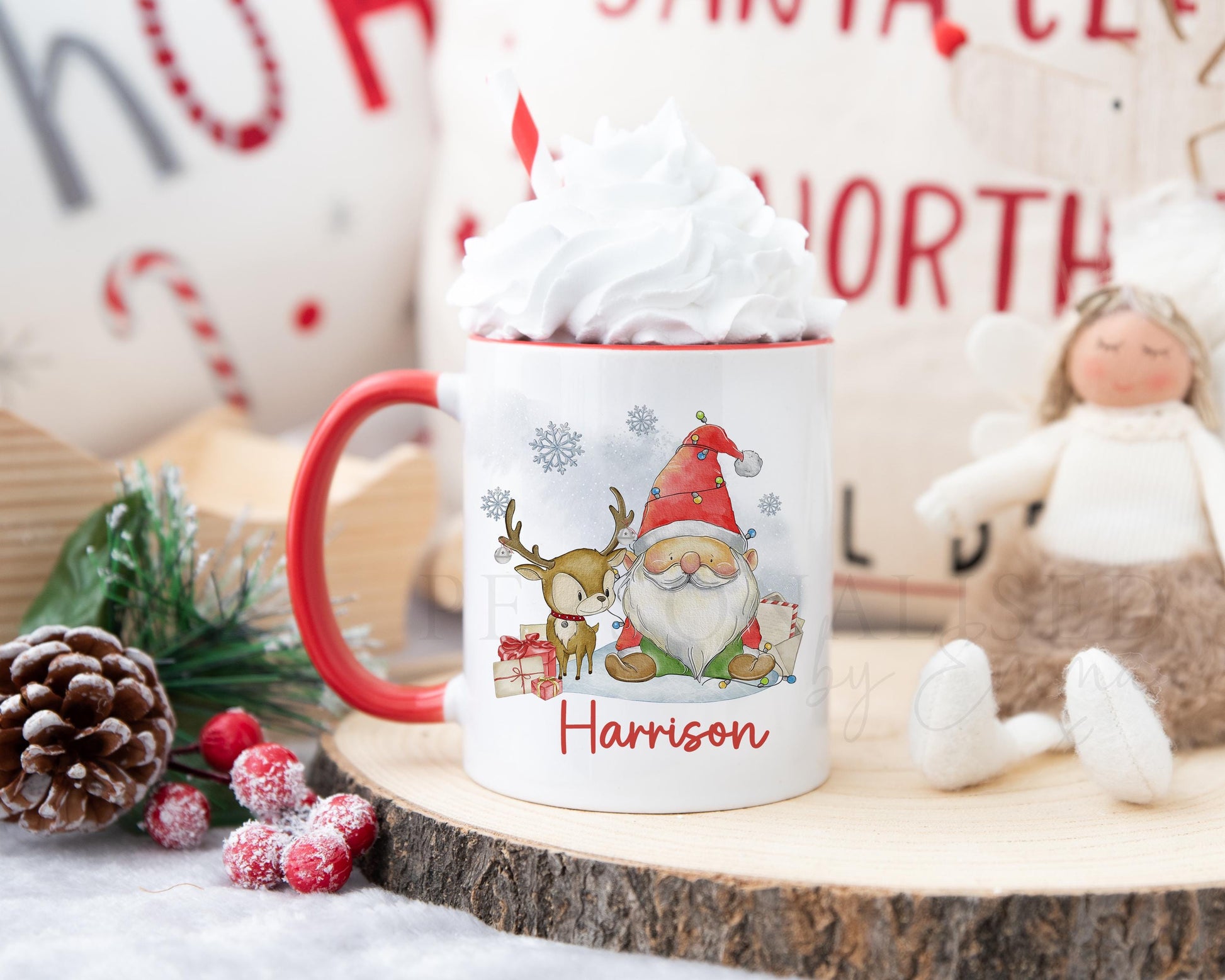 Personalised Christmas Mug, Red Santa and Reindeer Christmas Mug, Christmas Movie Mug, Hot Chocolate Mug, Christmas Eve Box, Stocking Filler