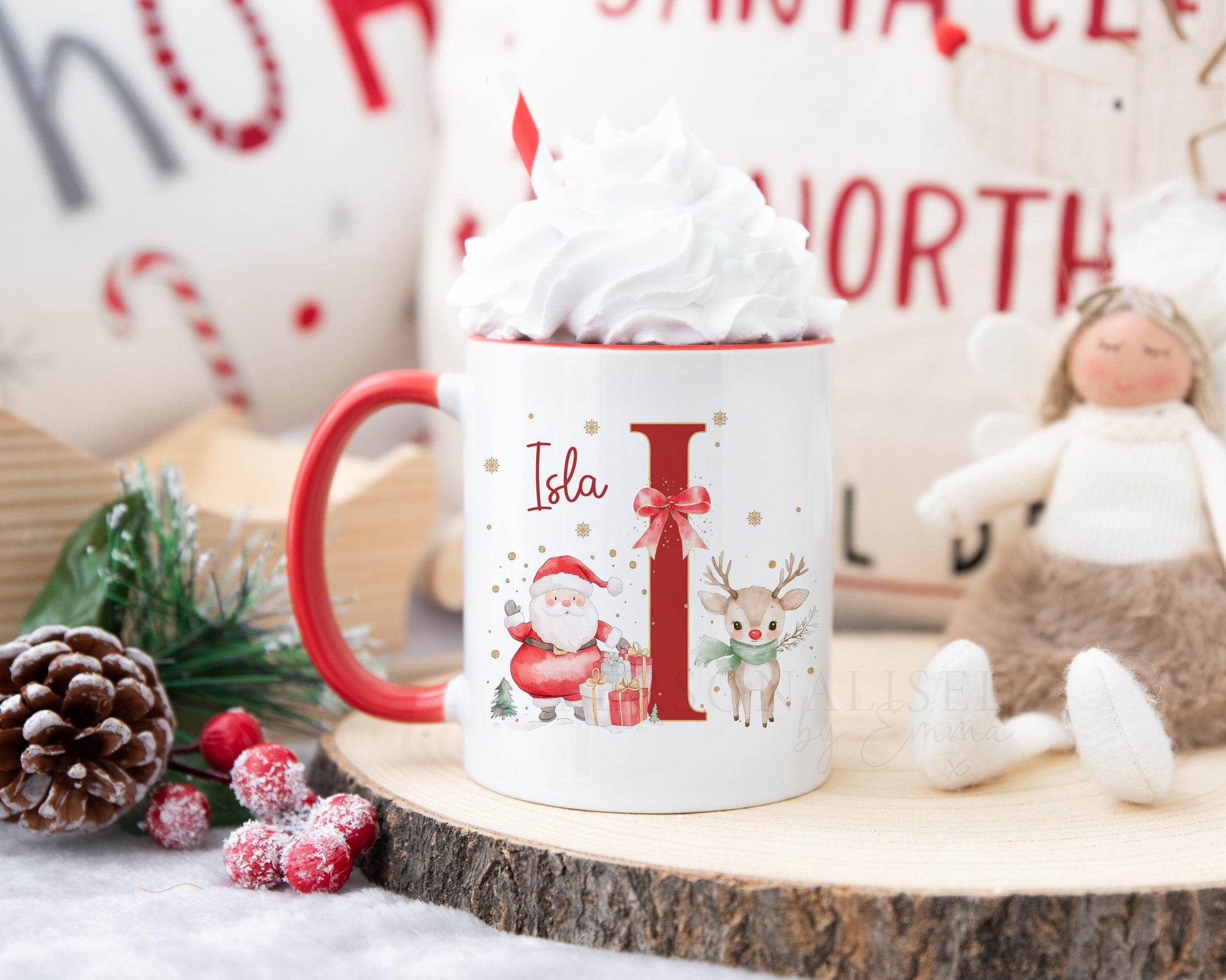 Personalised Girl's Christmas Mug, Red Santa Alphabet Xmas Mug, Christmas Movie Mug, Hot Chocolate Mug, Christmas Eve Box, Stocking Filler