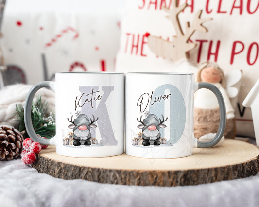 Personalised Christmas Gonk Alphabet on Grey Handled Mug, Christmas Movie Mug, Hot Chocolate Mug, Grey Christmas Gonk Mug for Him and Her