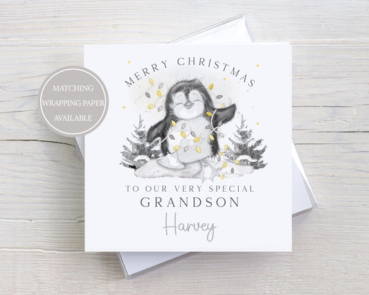 Kids Penguin Christmas Card Personalised for Son, Daughter, Grandson, Granddaughter, Niece, Nephew, Godson, Goddaughter, Little Boy or Girl