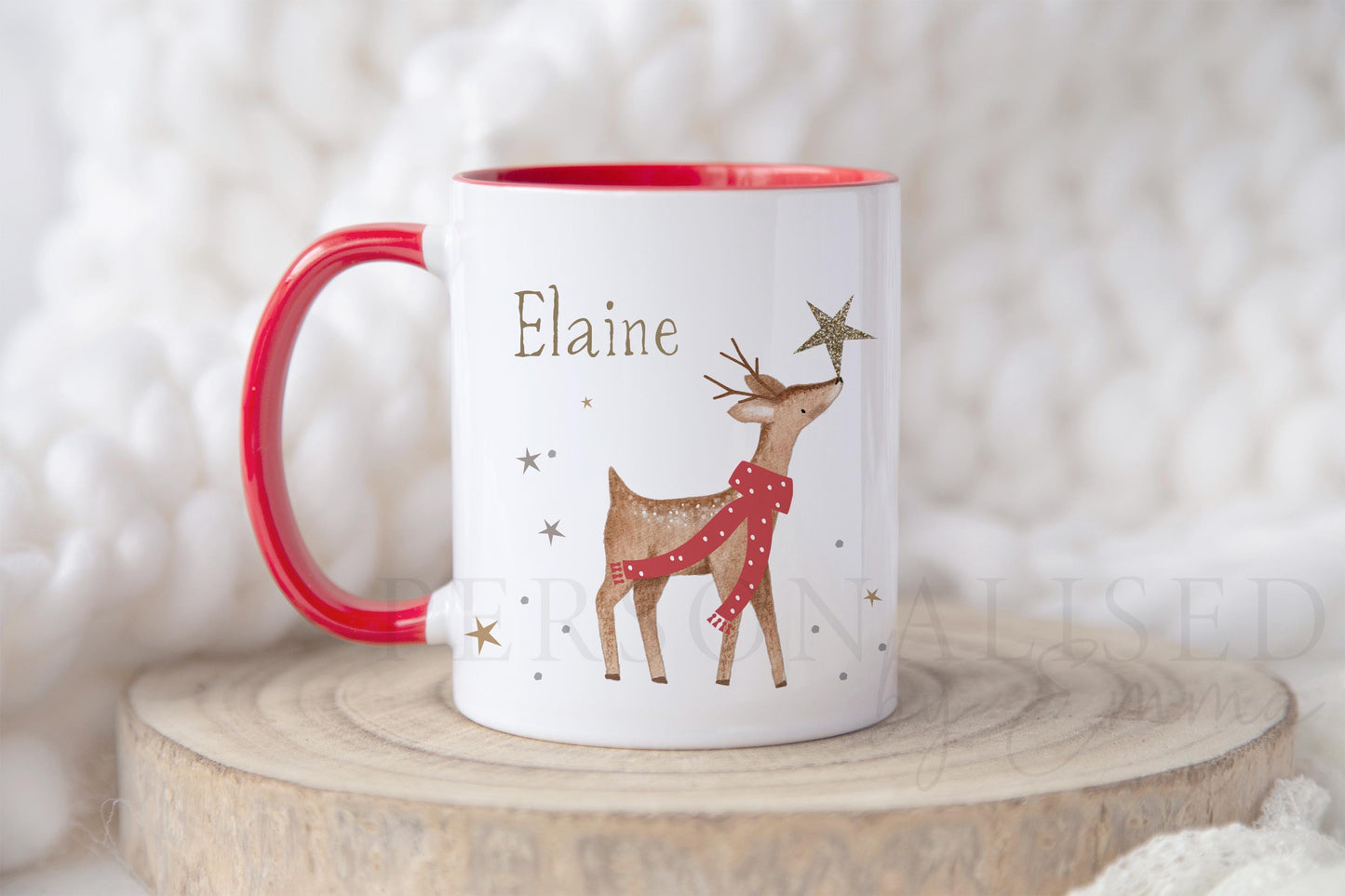 Personalised Christmas Mug for Her, Red Handled Reindeer Xmas Mug, Christmas Mug Gift, Hot Chocolate Mug, Christmas Eve Box, Stocking Filler