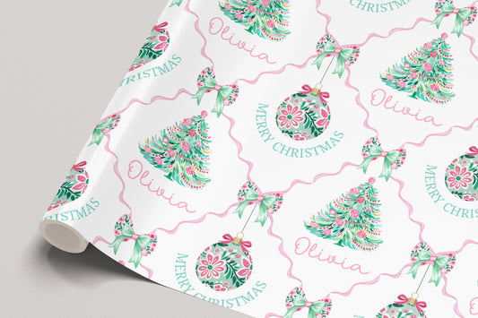 Christmas Gift Wrapping Paper for Her, Personalised Christmas Wrapping Paper for Mum, Daughter, Granddaughter, Pink and Green Trees Baubles