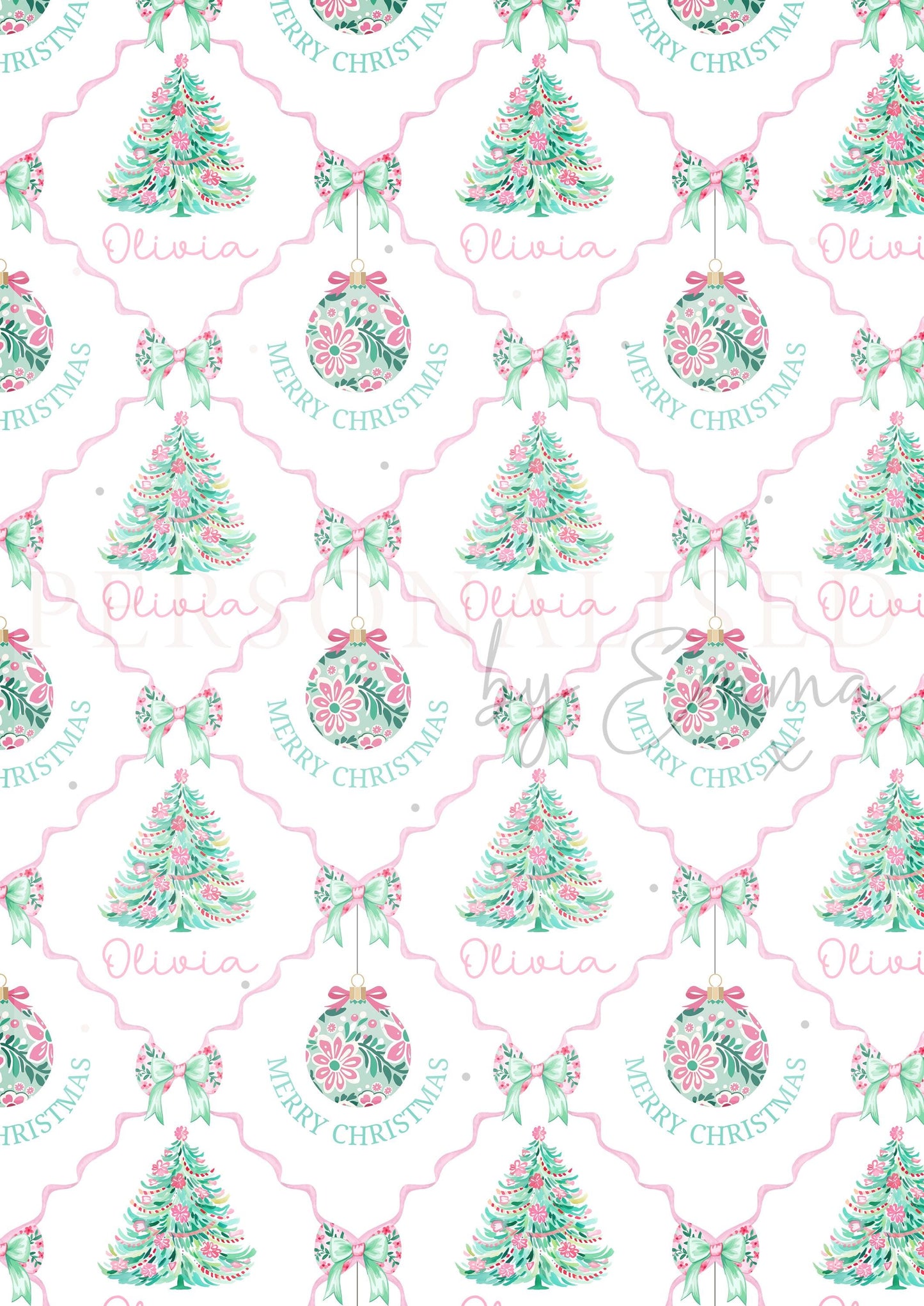 Christmas Gift Wrapping Paper for Her, Personalised Christmas Wrapping Paper for Mum, Daughter, Granddaughter, Pink and Green Trees Baubles