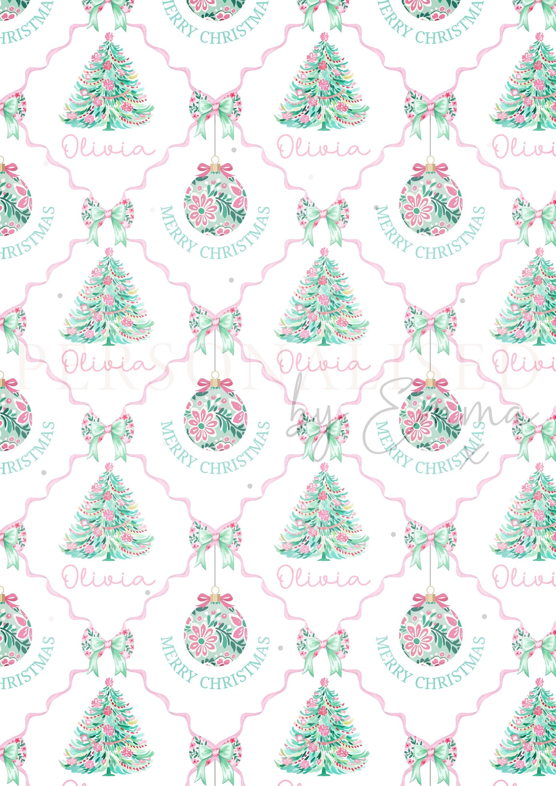 Christmas Gift Wrapping Paper for Her, Personalised Christmas Wrapping Paper for Mum, Daughter, Granddaughter, Pink and Green Trees Baubles