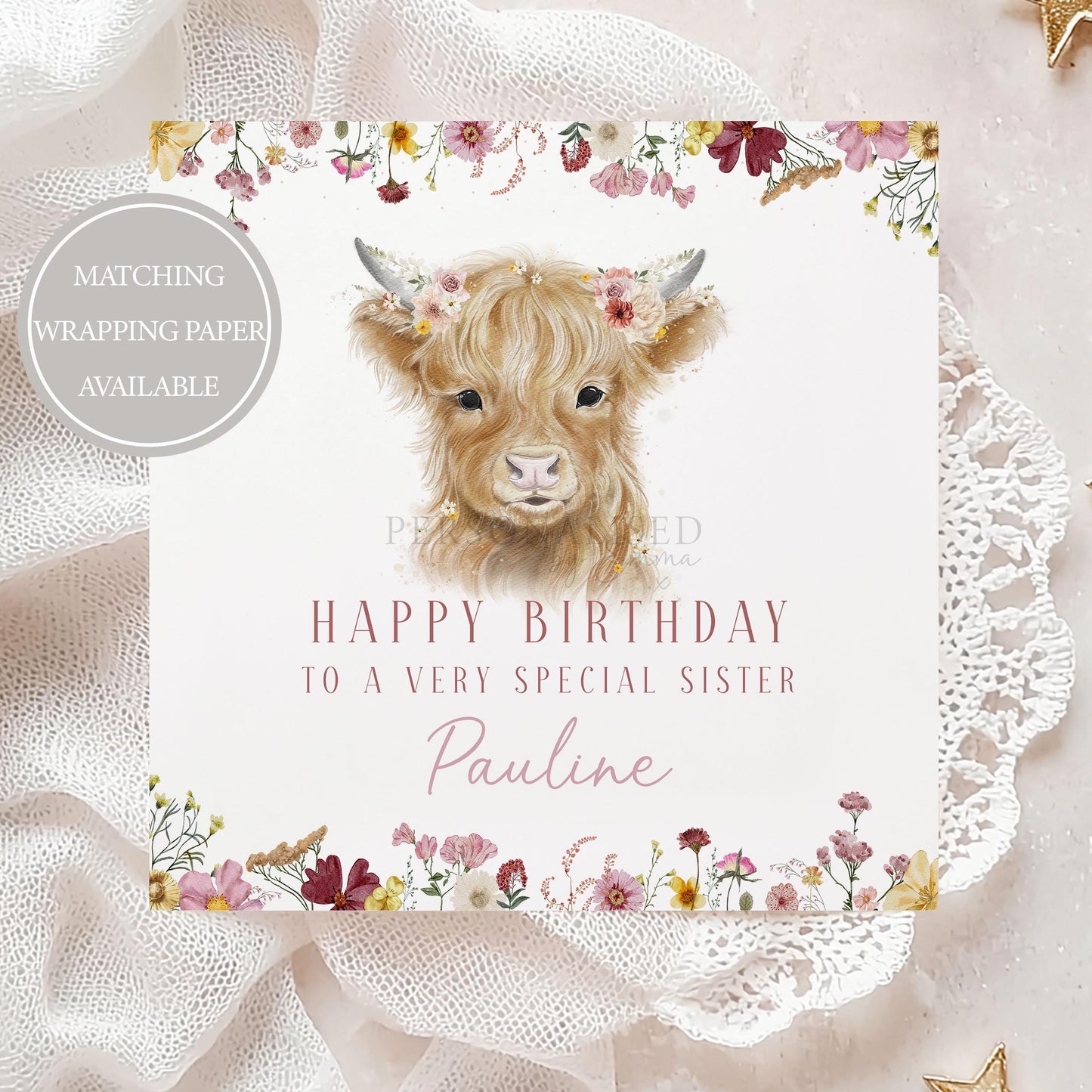 Highland Cow Birthday Card, Personalised Birthday Card for Mum, Daughter, Sister, Friend, Highland Cow with Wildflowers Card for Any Age